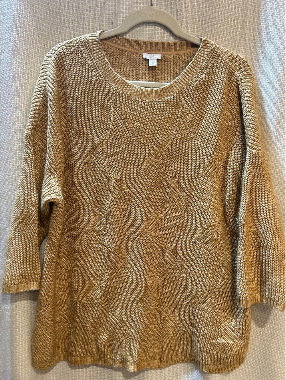 J. Jill Medium Tan Cable Knit Sweater, 77% Cotton 23% Acrylic, Made in Vietnam